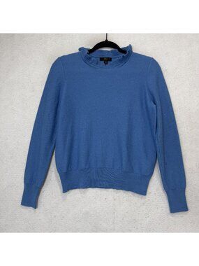 J Crew Sweater Womens Small Blue Ruffle Mock Neck Merino Wool Knit Pullover